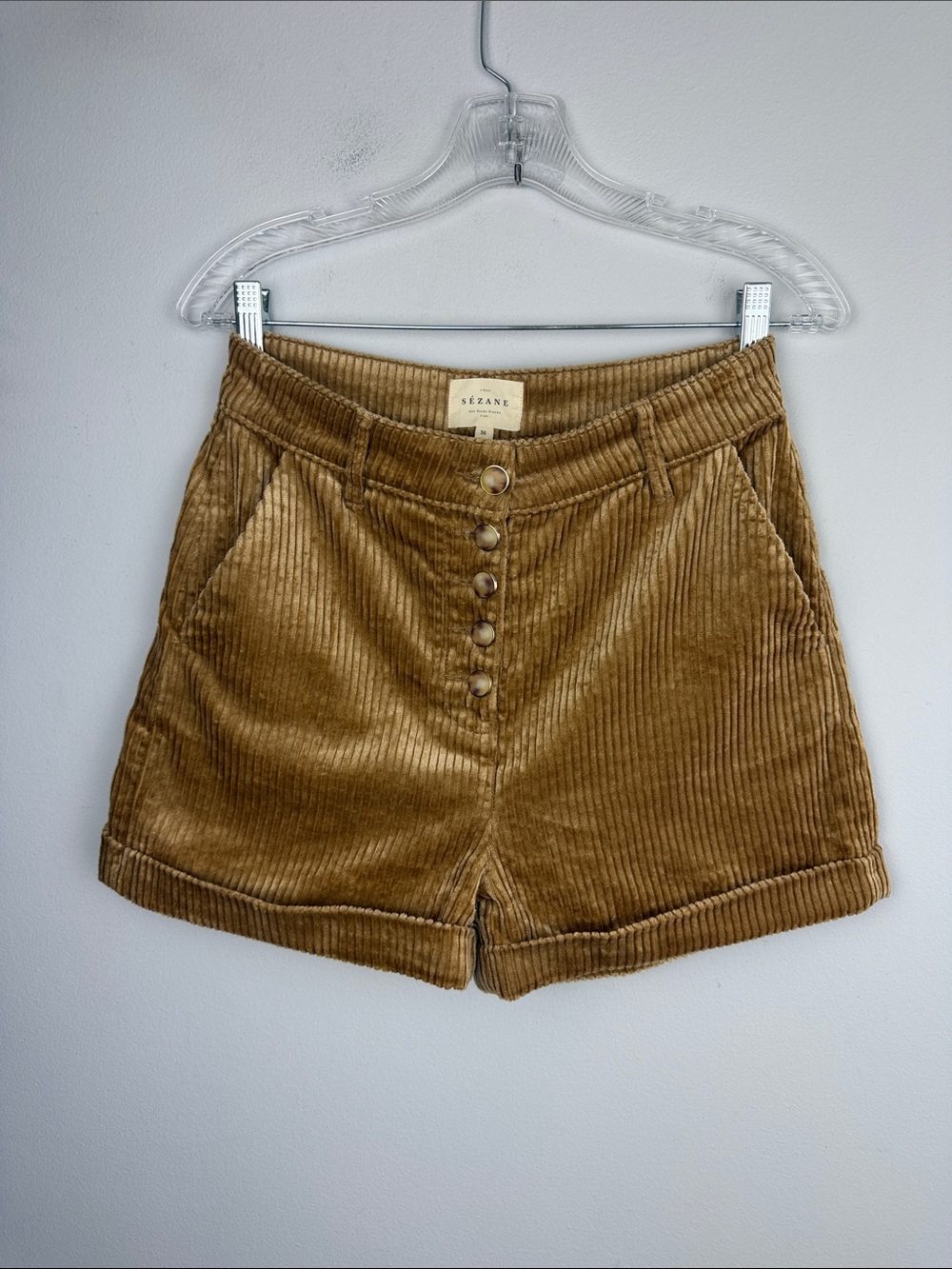 Sezane Maddie Shorts Dark Beige High Waist Pockets Cuffed Corduroy Size 4 Fall - Picture 2 of 16